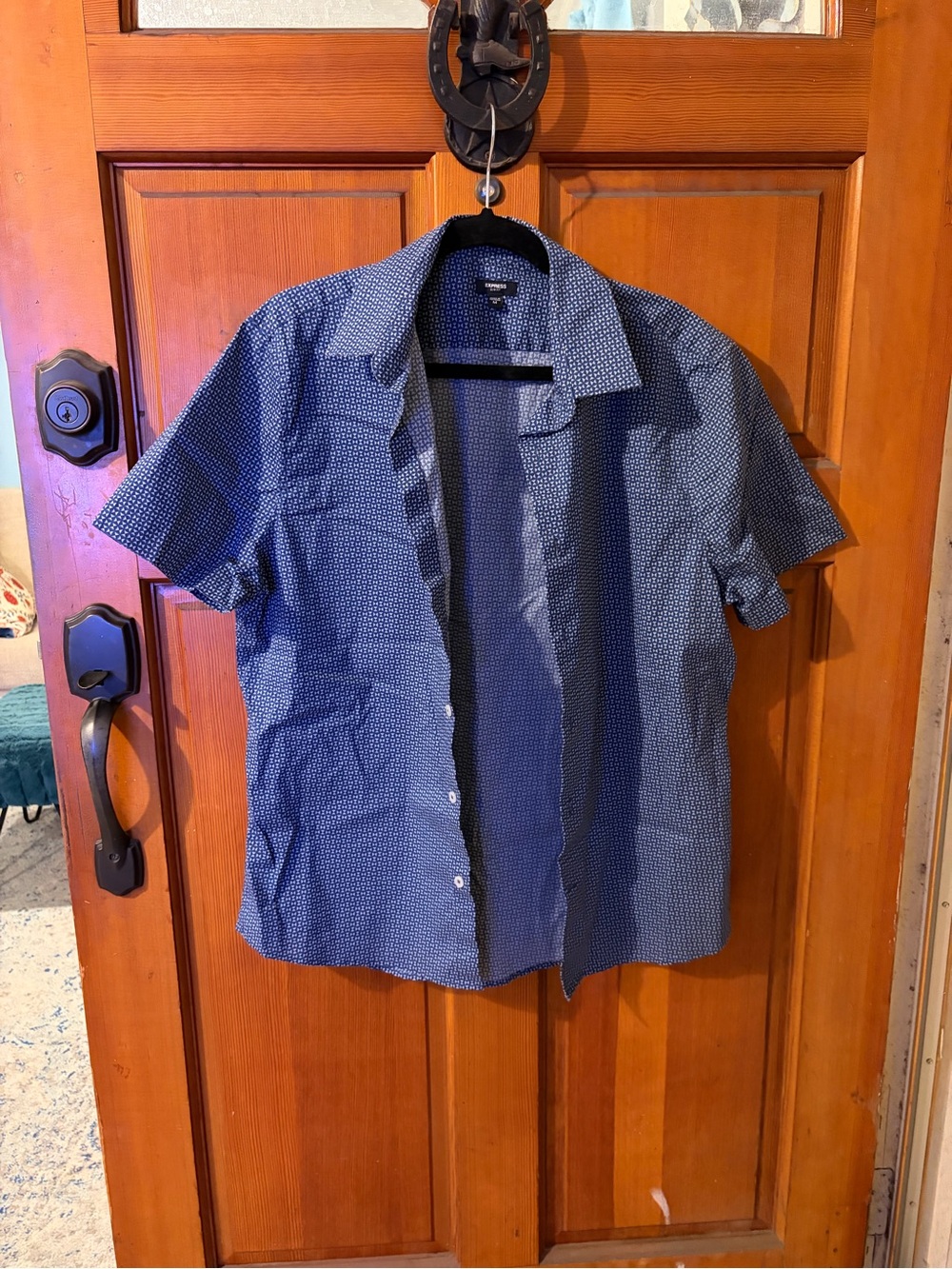 Express Men’s Short Sleeve Navy Blue Micro-Print Button-Up Shirt